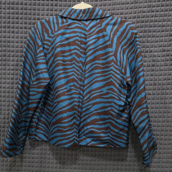 Blue Brown Zebra Silk Jacket Lg Y2K Open Blazer Glam Preppy Boho Chic Statement - Picture 14 of 14